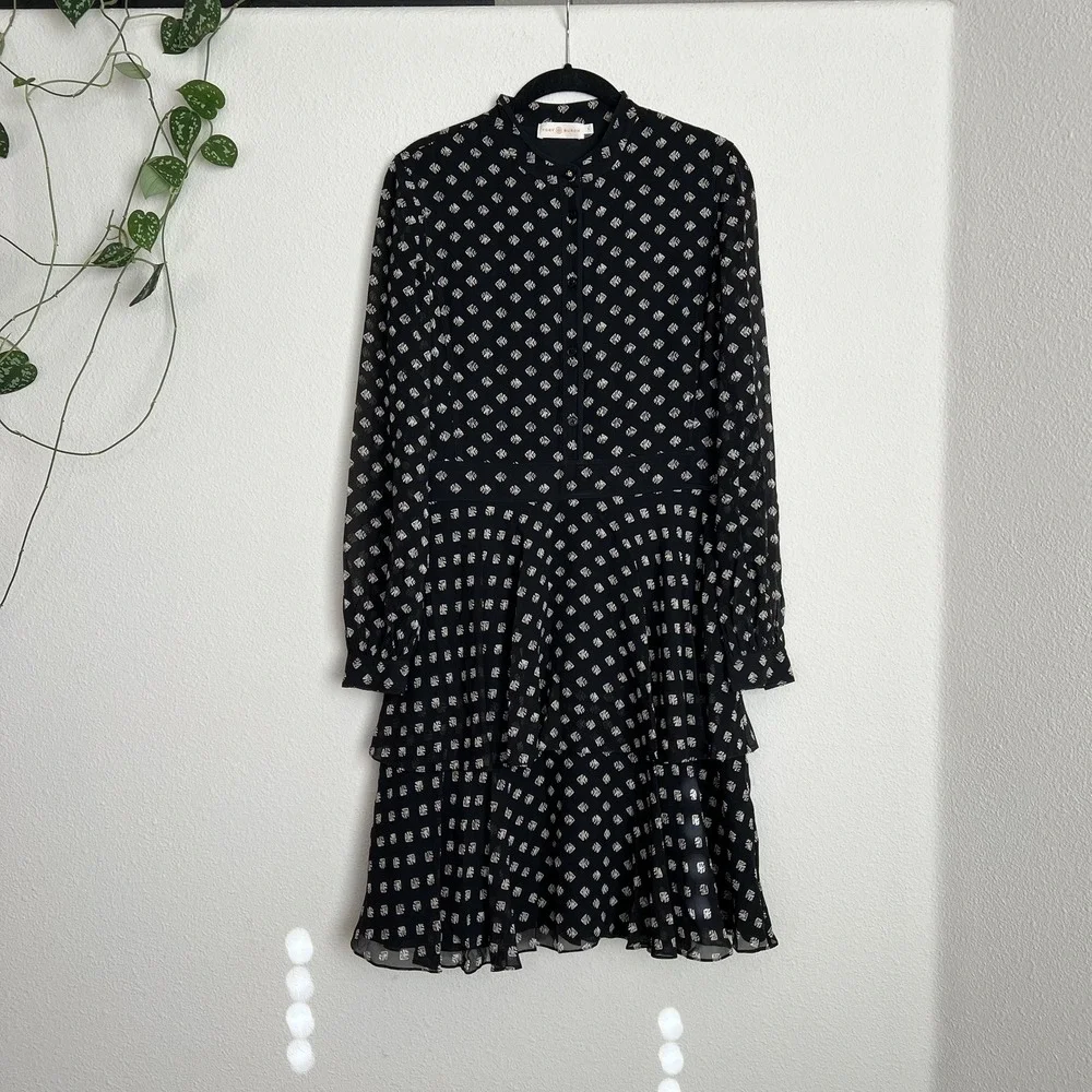 TORY BURCH Seymour Silk Georgette Mini Dress Size 6 Geometric Fish Print Tiered - Picture 3 of 11